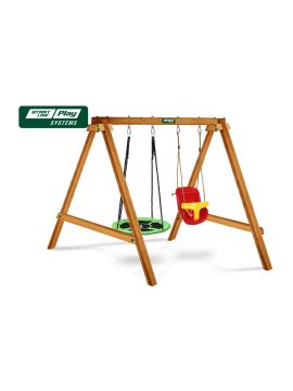 Качели деревянные + гнездо + сиденье красно-желтое